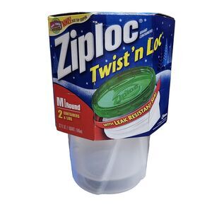 Ziploc Twist‎ n Loc 2 Medium Round 1 Quart Containers & Red Green Lids NEW 2006